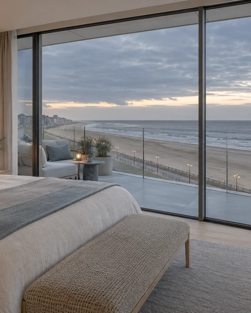 Bedroom with grey-blue linen and a woven bench facing floor-to-ceiling glass over the sea