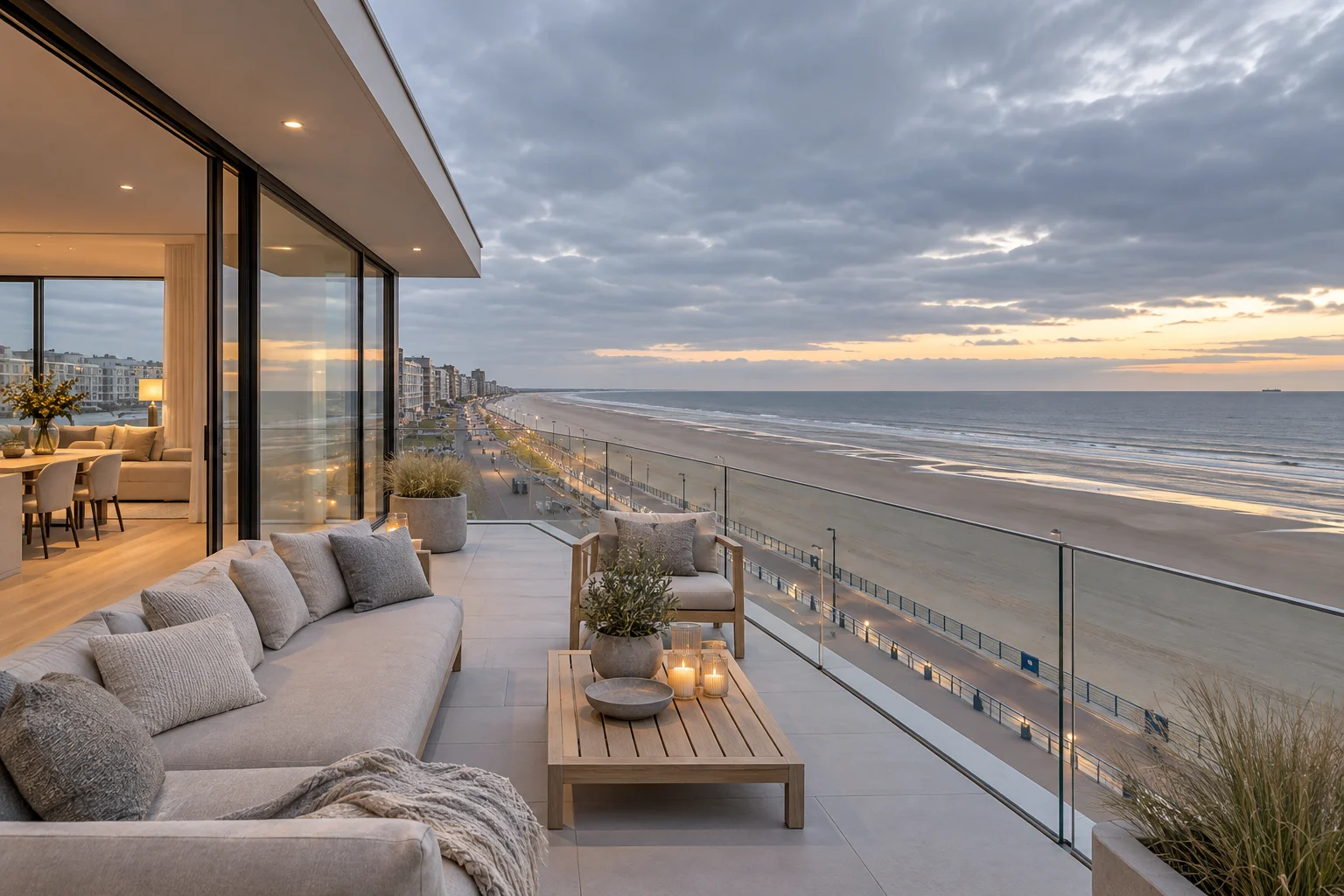 Seafront terrace with linen sofa and oak table above the sea dike and a wide North Sea beach under silver skies