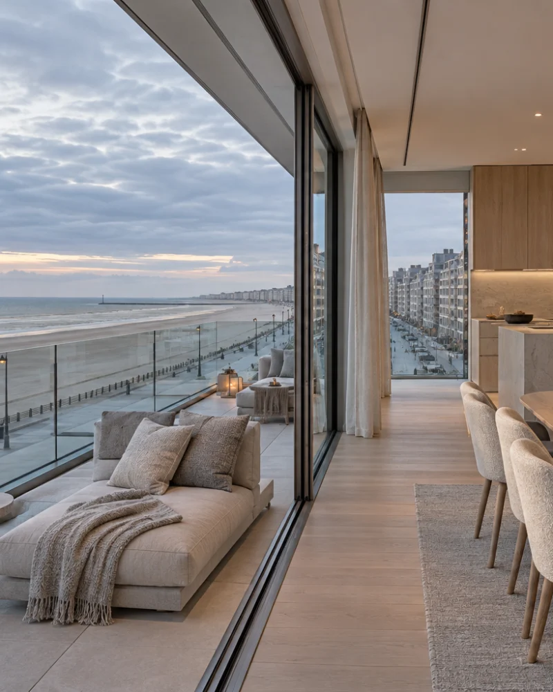 Pale oak kitchen and dining table beside full-height glazing onto the terrace and the beach
