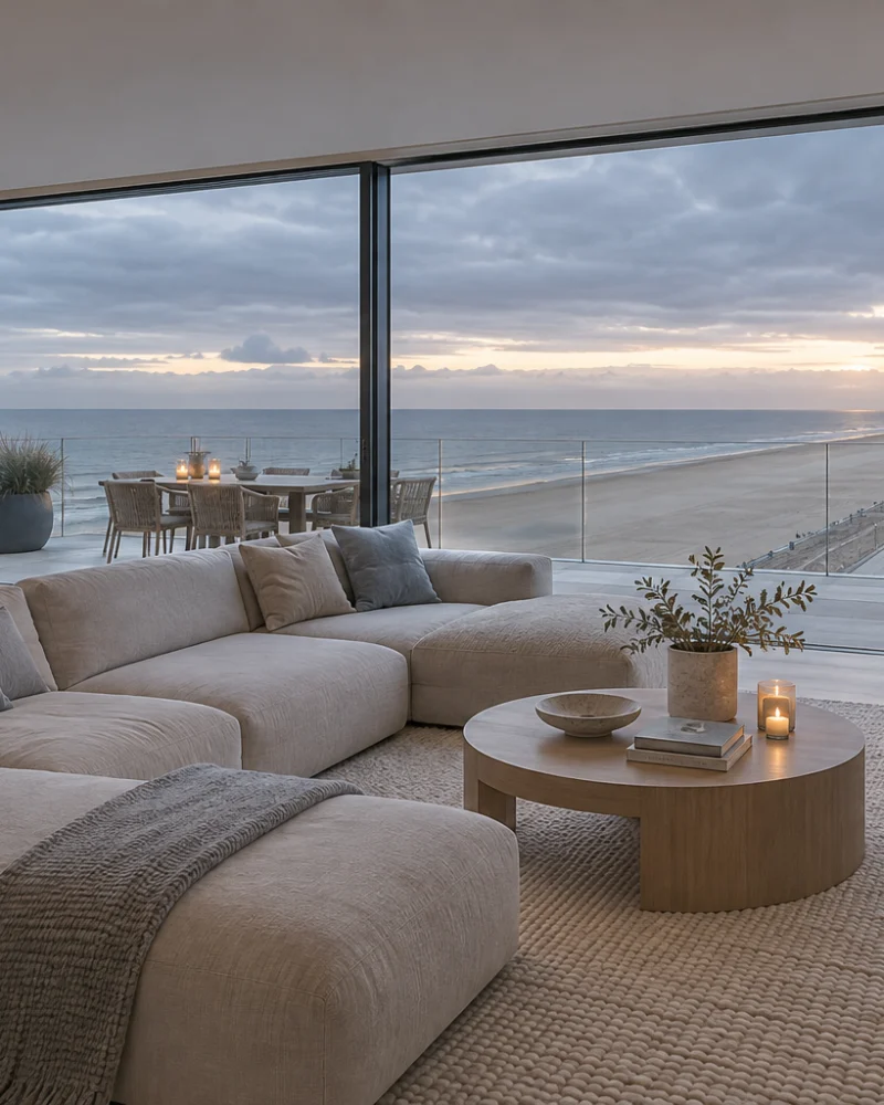 Living room with linen sectional and pale oak table facing a glass wall over the beach and North Sea