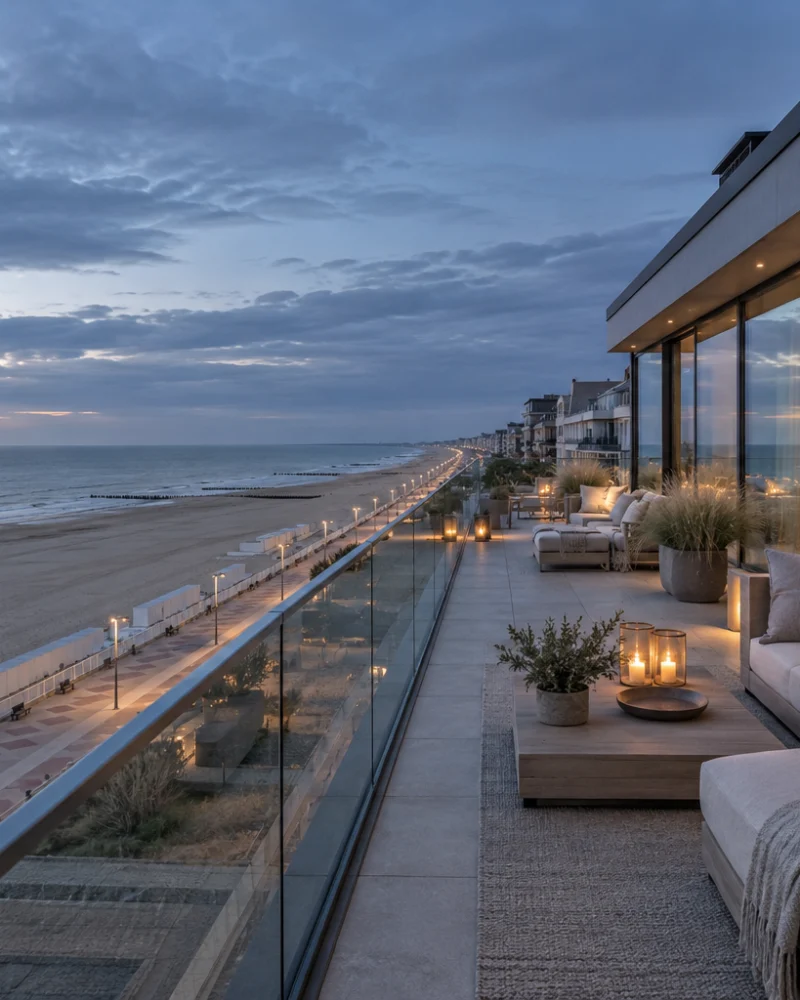 Long terrace at dusk with lanterns and outdoor sofas above the lit sea dike and beach