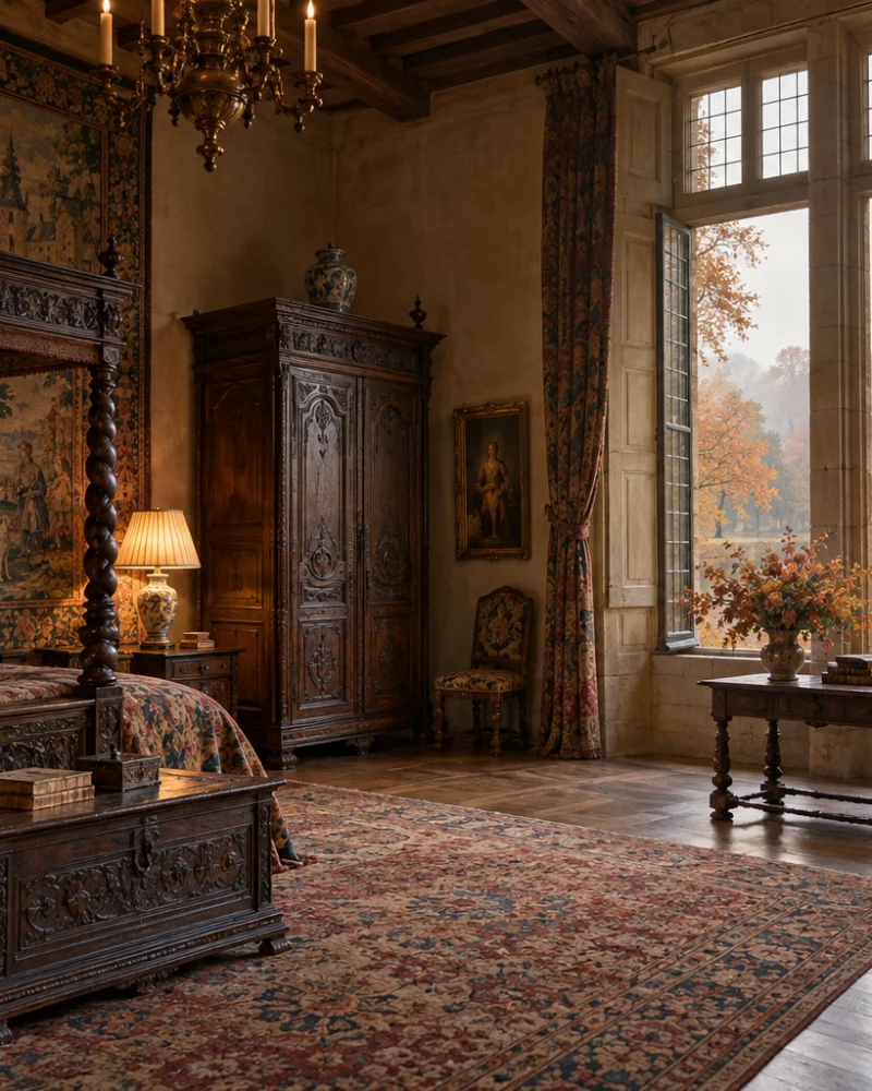 Period bedroom with a carved four-poster bed, tapestries and a window onto the château tower