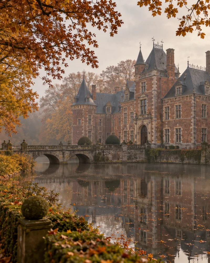 Tree avenue in autumn colour along the moat with the château and its stone bridge beyond