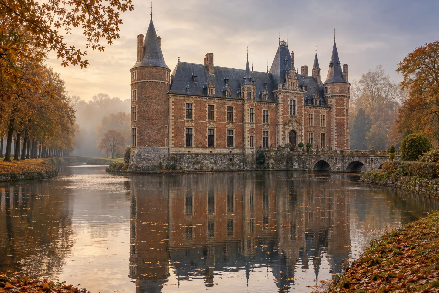 Red-brick Brabant château with sandstone details, slate roofs and turrets seen across the moat on a misty autumn afternoon