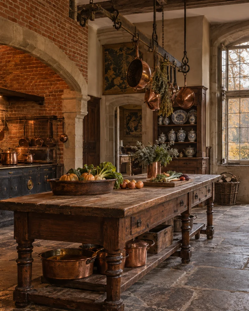 Historic kitchen with a brick-arched range, copper pans, a long farmhouse table and stone floor