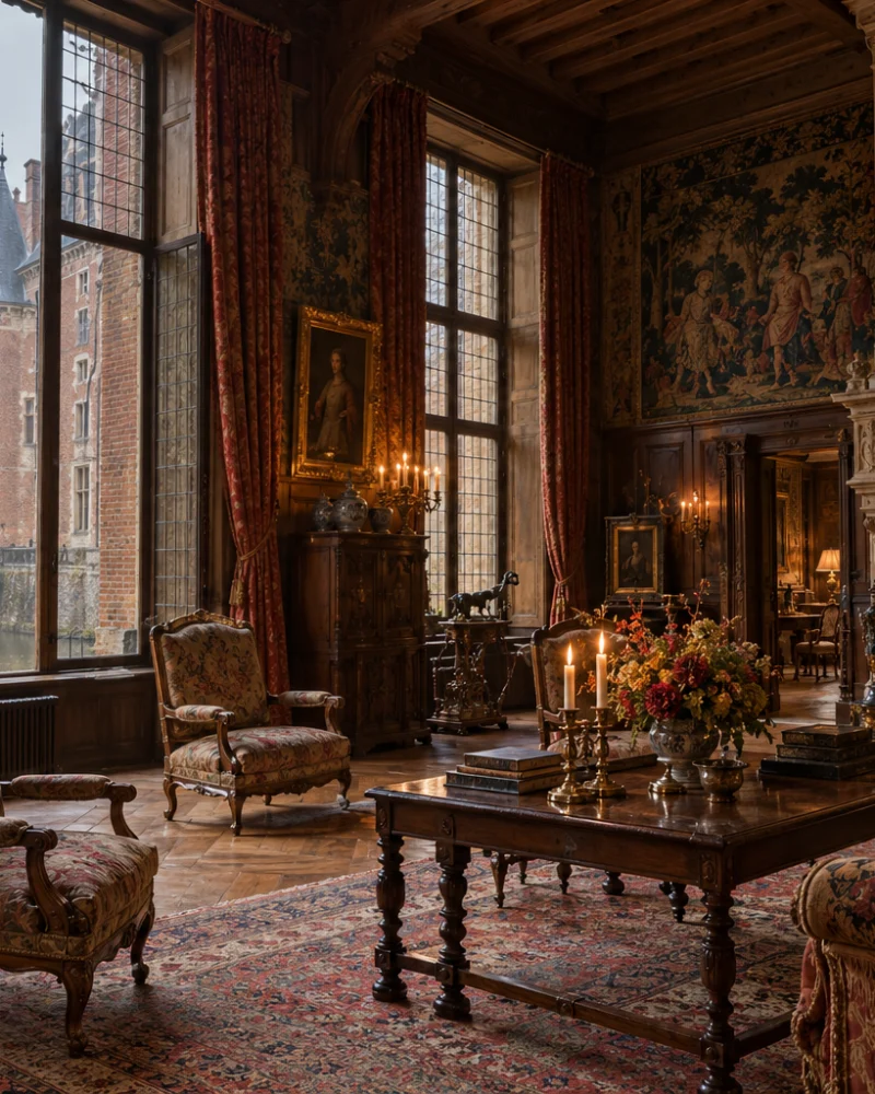 Grand salon with tapestries, a carved stone fireplace, antique armchairs and windows onto the moat