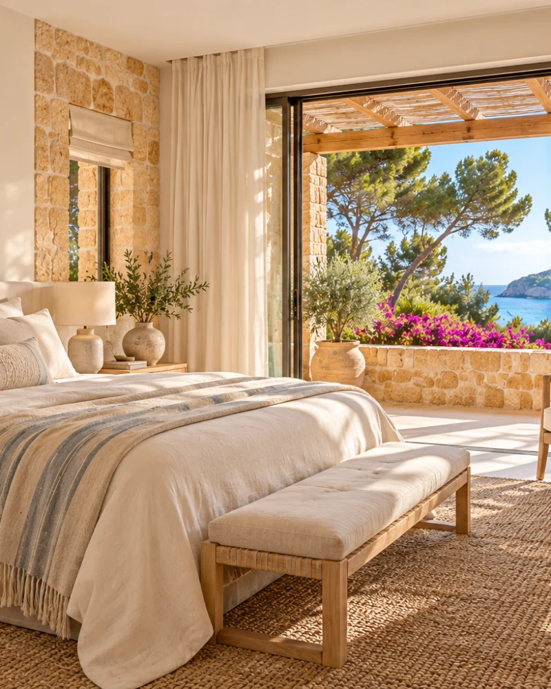 Bedroom with linen bedding, sandstone wall and a terrace door open to pines and a turquoise sea glimpse