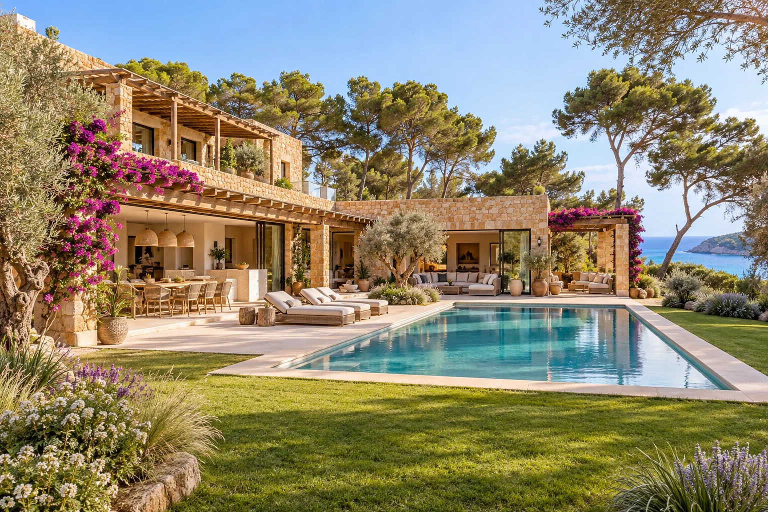L-shaped sandstone villa with timber pergolas and bougainvillea across a lawn and pool, with a glimpse of the sea