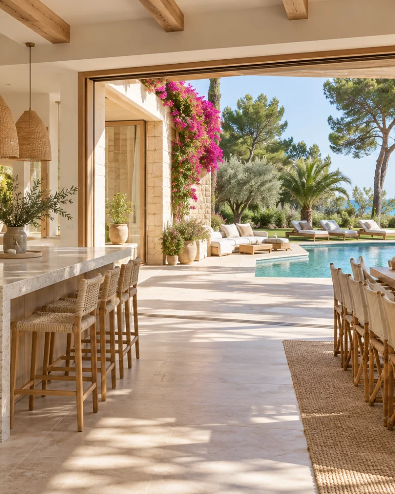 Kitchen with a pale terrazzo island, rattan pendants and a long oak table with canvas chairs by the garden