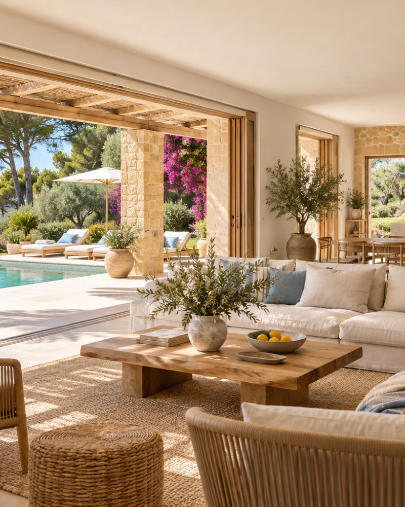 Open living room with a linen sectional, rope chairs and blue cushions opening onto the pool terrace