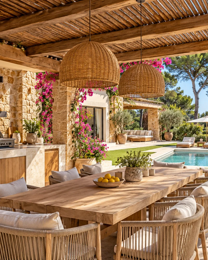 Covered outdoor kitchen terrace under a timber pergola with a dining table, rope chairs and bougainvillea