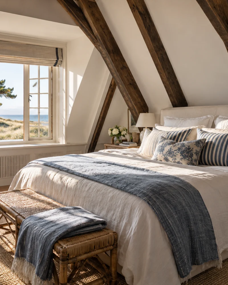 Bedroom under timber eaves with blue and white bedding and a window onto pines and the dunes