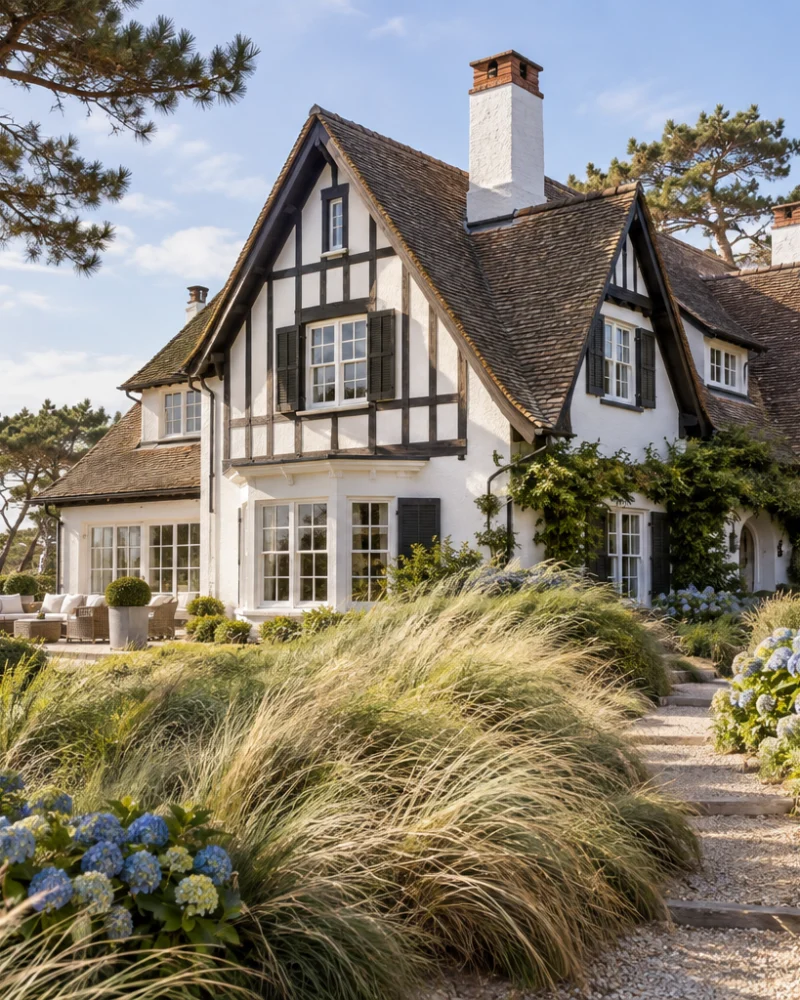Dune garden path through grasses and blue hydrangeas towards the half-timbered villa