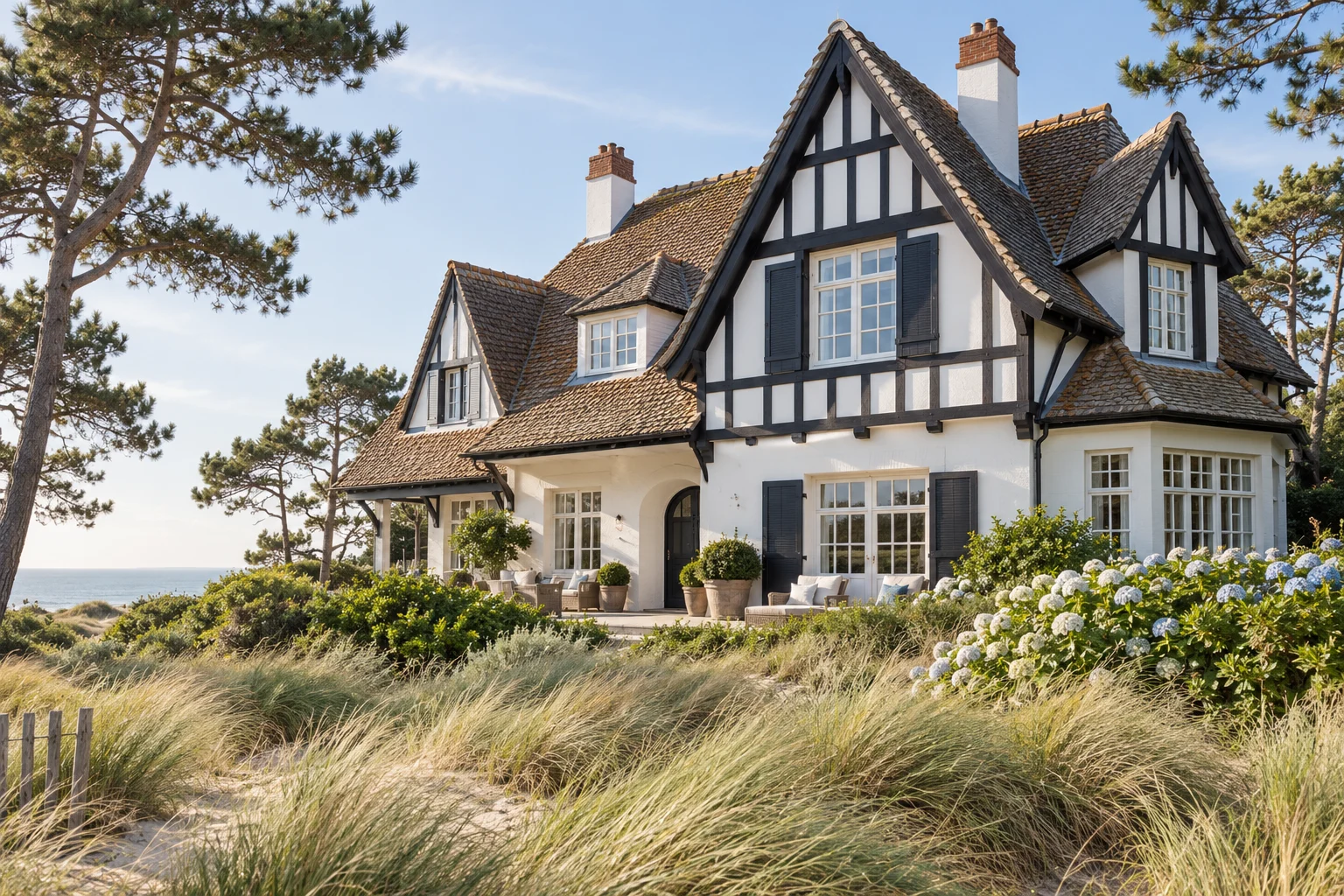 Anglo-Norman villa with white render, dark half-timbering and steep roofs among dune grasses, hydrangeas and pines