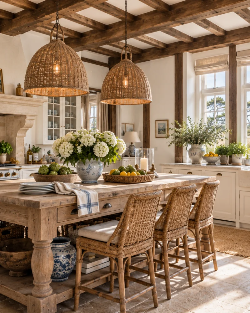 Country kitchen with a timber island, rattan stools, woven pendants and a view to the dunes