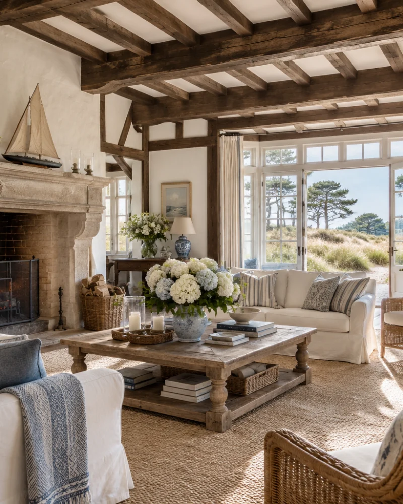 Beamed living room with a stone fireplace, linen slipcovered sofas, rattan chairs and blue and white accents