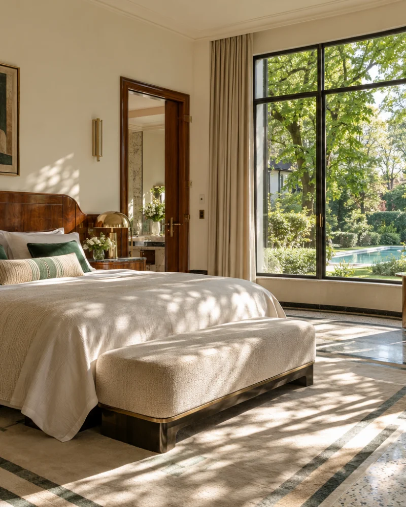 Bedroom with a walnut Deco headboard, green velvet chair and a curved window wall onto the trees