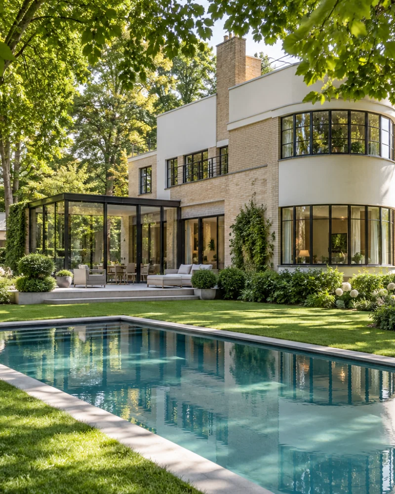 Pool in the lawn beneath mature lime trees, with the villa and glass garden room behind