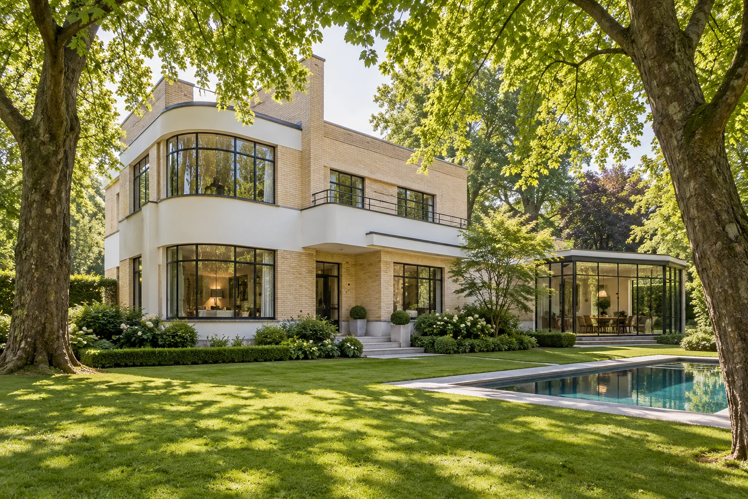1930s modernist villa in pale brick and white render with curved corner windows, seen through lime trees across the lawn