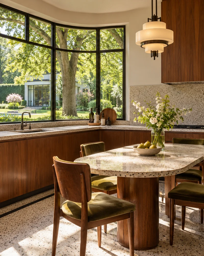 Walnut kitchen with a terrazzo counter, Deco pendant and curved steel windows onto the garden