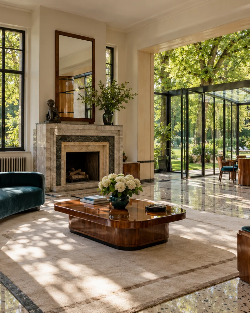 Art Deco reception room with velvet sofa, walnut furniture and terrazzo floor opening into a steel-framed garden room