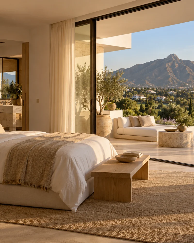 Principal suite with a linen bed and oak bench opening onto a terrace facing La Concha