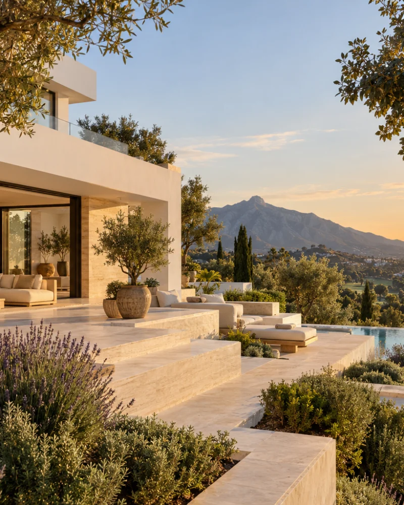 Landscaped garden terraces with olive trees and lavender stepping down from the villa at sunset