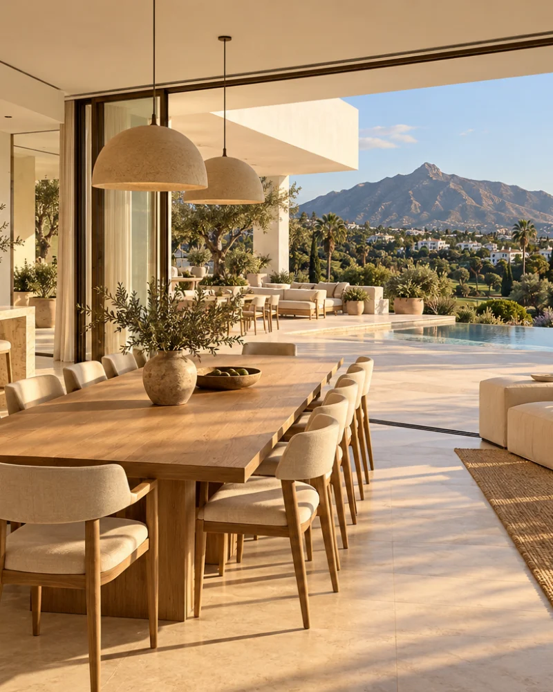 Travertine kitchen and an oak dining table for twelve, opening onto the terrace and the mountain view