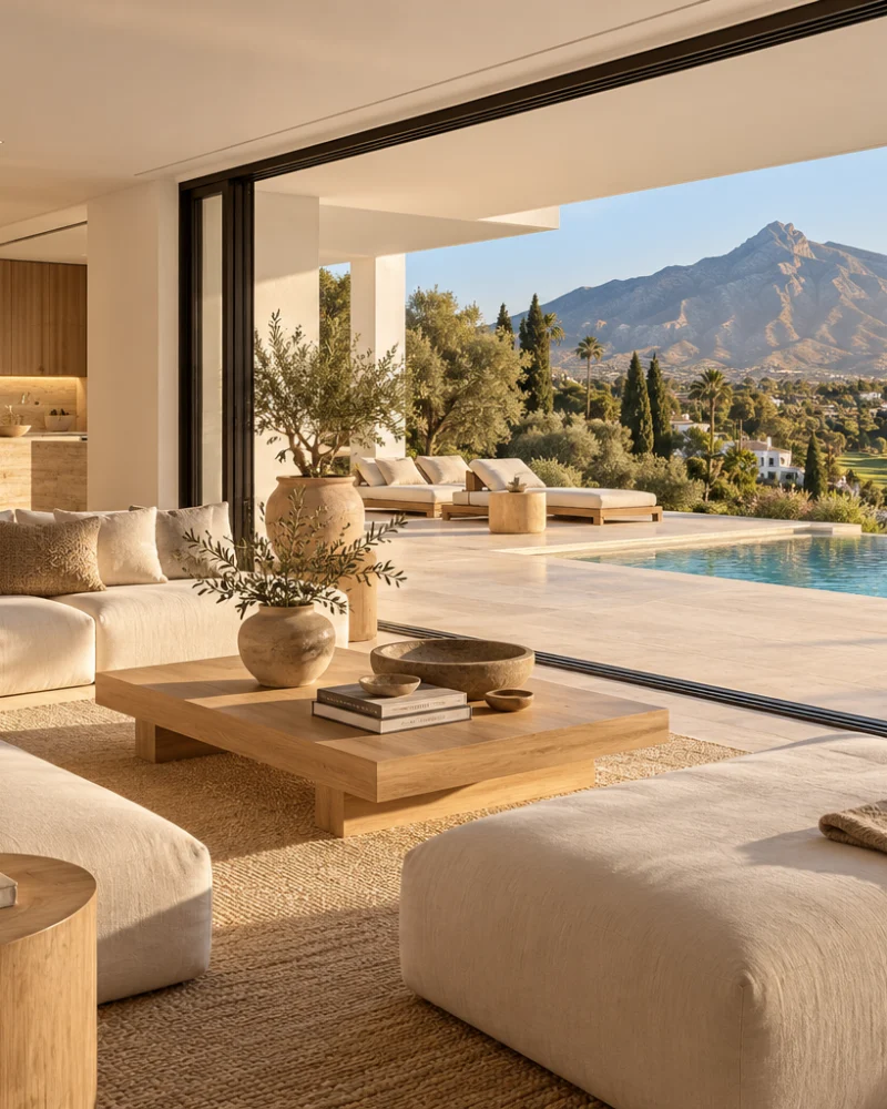 Living room with low linen sofas and a pale oak table opening onto the pool and the golf valley